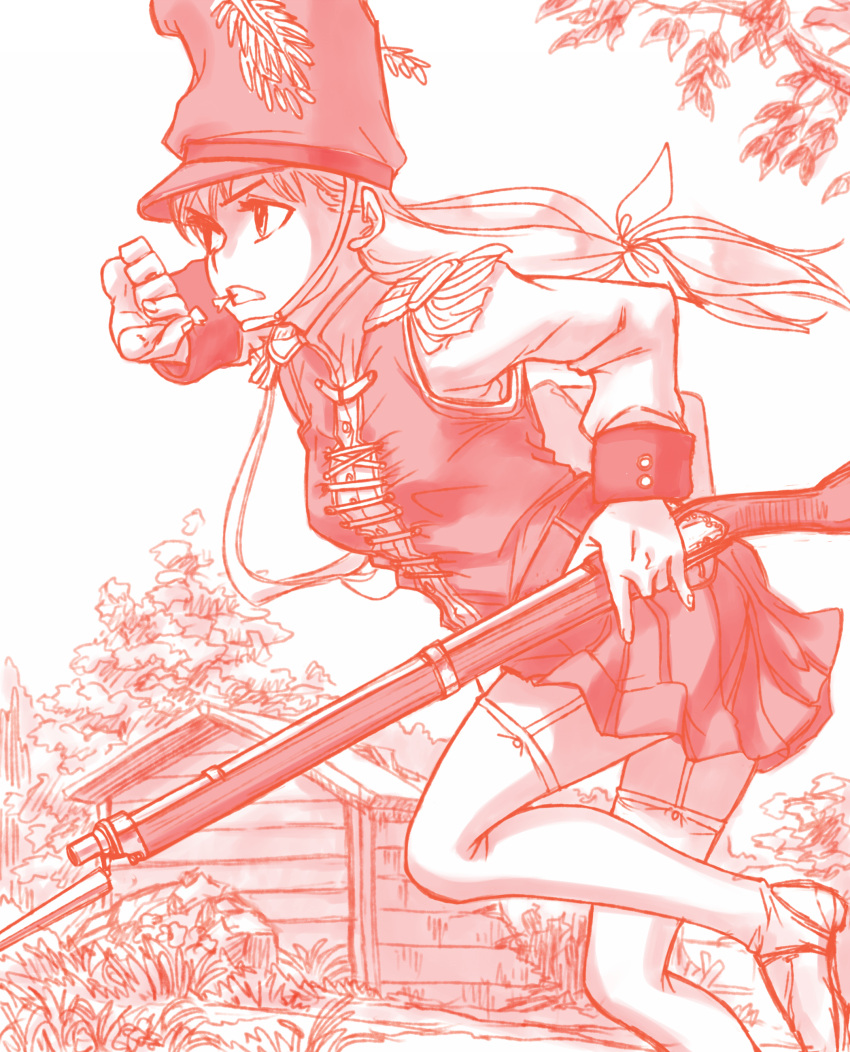 1girl absurdres antique_firearm bayonet boots bush epaulettes firearm firelock foliage gun hat highres holding holding_gun holding_weapon kageng long_hair military military_hat military_uniform musket original outdoors plant powder running shack soldier solo thigh-highs thigh_boots tree uniform weapon