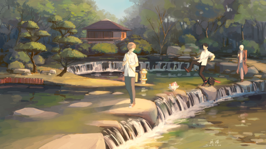 3boys backpack bag balancing black_hair black_pants brown_hair building bush coat collared_shirt commentary_request creature crossover dated day dress_shirt forest ginko glasses highres looking_back making-of_available male_focus mokona multiple_boys mushishi natsume_takashi natsume_yuujinchou nature nyanko outdoors pants rock scenery shirt short_sleeves shoulder_bag signature stream tree walking watanuki_kimihiro water waterfall white_hair white_shirt wing_collar xiaobanbei_milk xxxholic