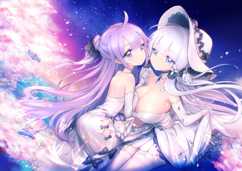 2girls ahoge ass azur_lane bare_shoulders black_ribbon blue_eyes blush breasts cleavage closed_mouth dress dress_lift elbow_gloves eyebrows_visible_through_hair floating_hair garter_straps gloves hair_bun hair_ribbon hand_up hat illustrious_(azur_lane) large_breasts lifted_by_self long_hair looking_at_viewer low_twintails mole mole_under_eye multiple_girls night night_sky one_side_up purple_hair ribbon sapphire_(gemstone) side_bun sidelocks sky smile strapless strapless_dress stuffed_unicorn sun_hat thigh-highs tress_ribbon tri_tails twintails unicorn_(azur_lane) very_long_hair violet_eyes wazuka_(wzzc) white_dress white_gloves white_hair white_headwear white_legwear