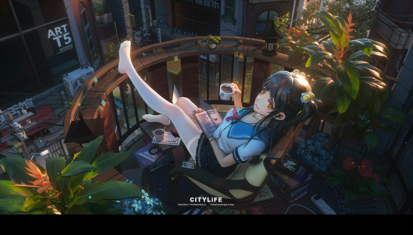 1girl balcony bangs black_hair black_skirt blush book breasts building chair city closed_mouth commentary_request cup digital_media_player drink eyebrows_visible_through_hair flower full_body hair_between_eyes hair_bobbles hair_ornament headphones highres holding holding_book holding_cup ibara_dance ipod lamp lamppost leg_up long_hair looking_at_viewer magazine medium_breasts neckerchief original outdoors plant pleated_skirt potted_plant power_lines reading red_neckwear road sailor_collar scenery school_uniform shirt short_sleeves sitting skirt smile solo spoon street thigh-highs tree twintails uniform white_legwear white_shirt window yellow_eyes