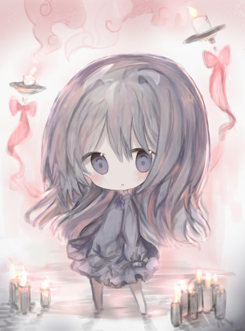 1girl :o bangs barefoot black_dress blue_ribbon burning candle chibi collared_dress commentary_request cottontailtokki dress fire full_body grey_hair hair_between_eyes highres long_hair long_sleeves looking_at_viewer neck_ribbon original parted_lips puffy_long_sleeves puffy_sleeves ribbon sketch sleeves_past_fingers sleeves_past_wrists smoke solo standing very_long_hair violet_eyes
