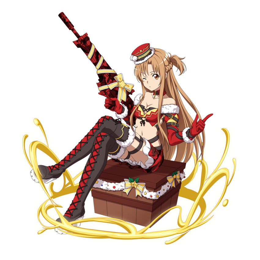 1girl asuna_(sao) black_footwear boots bra braid breasts brown_eyes brown_hair choker cleavage collarbone crown_braid elbow_gloves floating_hair fur-trimmed_boots fur-trimmed_gloves fur-trimmed_hat fur_trim gloves gun hat highres holding holding_gun holding_weapon index_finger_raised layered_skirt legs_crossed long_hair looking_at_viewer medium_breasts midriff miniskirt navel official_art one_eye_closed red_bra red_gloves red_headwear red_skirt ribbon rifle shiny shiny_hair sitting skirt solo star stomach striped striped_bra sword_art_online thigh-highs thigh_boots thigh_strap transparent_background underwear very_long_hair weapon yellow_ribbon