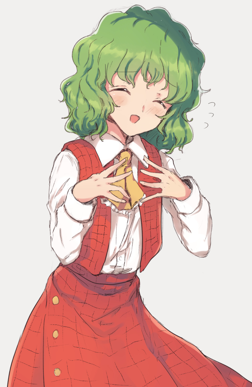 1girl ascot bangs blush closed_eyes collared_shirt cowboy_shot eyebrows_visible_through_hair flan_(harry_mackenzie) flat_chest flying_sweatdrops frilled_ascot frills green_hair grey_background hands_up head_tilt highres kazami_yuuka long_skirt long_sleeves medium_hair open_clothes open_mouth open_vest plaid plaid_skirt plaid_vest red_skirt red_vest shiny shiny_hair shiny_skin shirt simple_background skirt skirt_set smile touhou vest wavy_hair white_shirt yellow_neckwear younger