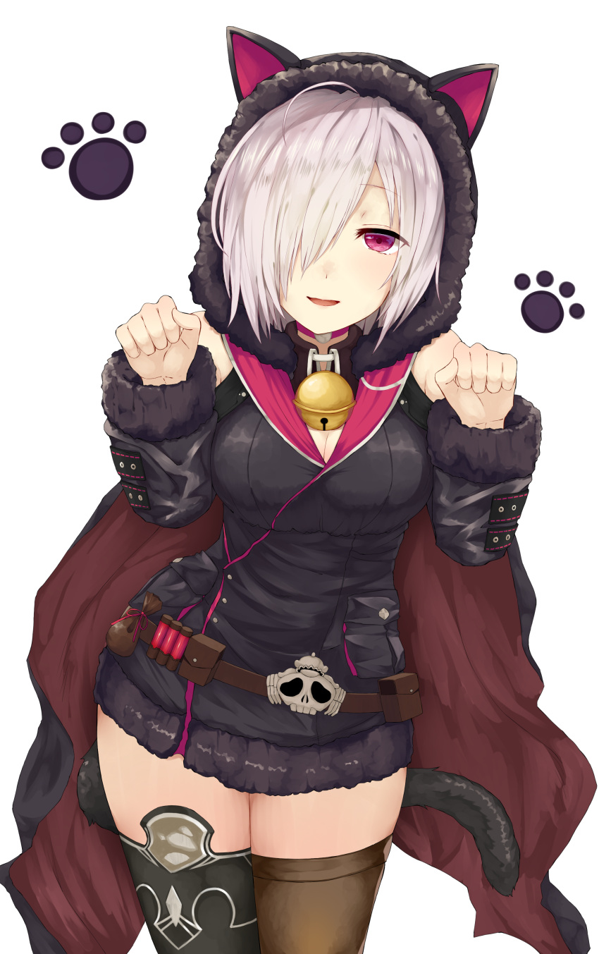 1girl absurdres animal_ears breasts cape cat_ears cleavage fur_trim hair_over_one_eye highres hood hood_up hoodie large_breasts legs long_sleeves looking_at_viewer parted_lips red_eyes shadowverse shingeki_no_bahamut short_hair simple_background solo thigh-highs thighs white_hair wizardess_of_oz yamato_(muchuu_paradigm)