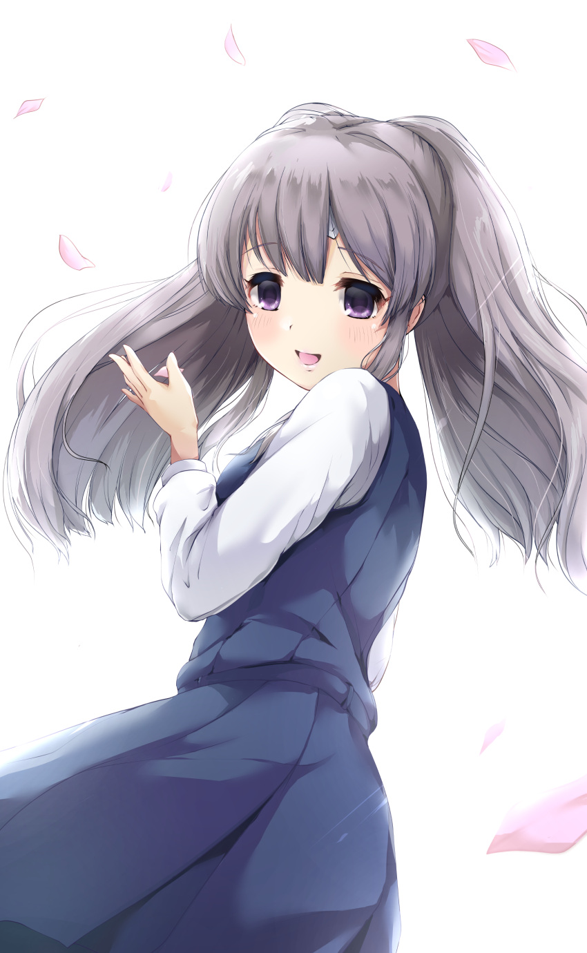 1girl :d absurdres bangs blue_dress blush breasts cherry_blossoms commentary_request dress eyebrows_visible_through_hair grey_hair hand_up highres idolmaster idolmaster_shiny_colors kuroba_aki long_hair long_sleeves looking_at_viewer looking_to_the_side open_mouth petals pleated_dress shirt sidelocks simple_background sleeveless sleeveless_dress small_breasts smile solo twintails violet_eyes white_background white_shirt yuukoku_kiriko