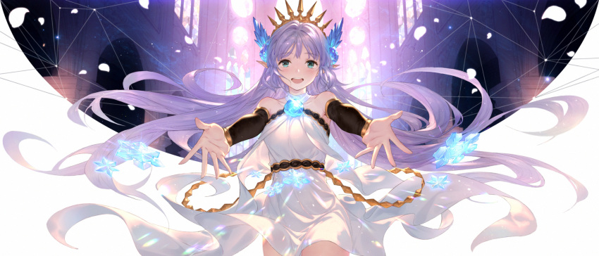 1girl arm_warmers bangs bare_shoulders blue_eyes blush dress eyebrows_visible_through_hair flower granblue_fantasy hair_ornament highres lily_(granblue_fantasy) long_hair looking_at_viewer open_mouth outstretched_arms pointy_ears purple_hair rose smile solo spread_arms standing tiara white_dress yijian_ma
