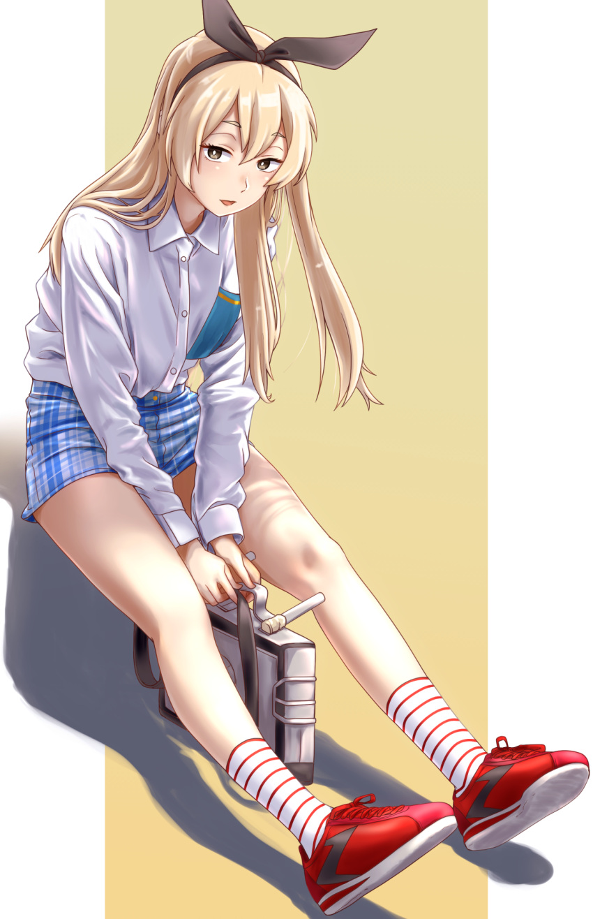 1girl alternate_costume bag beige_background black_hairband blonde_hair blue_skirt commentary_request dress_shirt full_body grey_eyes hairband highres kantai_collection kobamiso_(kobalt) long_hair long_sleeves looking_at_viewer open_mouth plaid plaid_skirt red_footwear shadow shimakaze_(kantai_collection) shirt shoes sitting skirt sneakers socks solo striped striped_legwear two-tone_background white_shirt