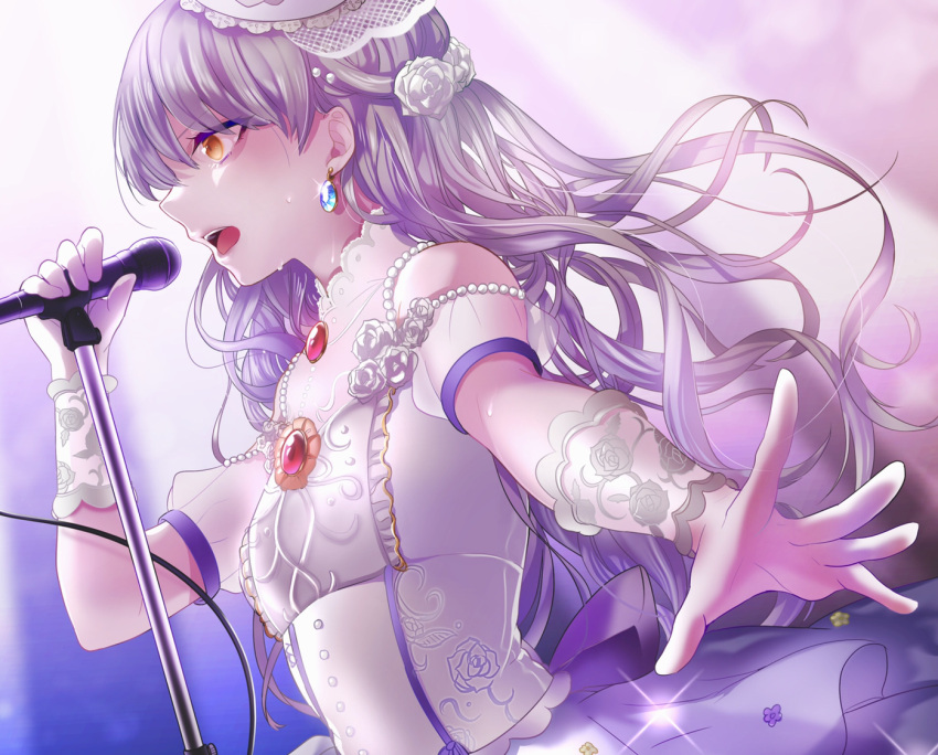 1girl arched_back bang_dream! blue_background detached_sleeves dress earrings flower from_side hair_flower hair_ornament haiso_o holding holding_microphone jewelry lace-trimmed_hat long_hair looking_to_the_side microphone microphone_stand minato_yukina music open_hand open_mouth orange_eyes outstretched_hand profile puffy_short_sleeves puffy_sleeves rose roselia_(bang_dream!) sapphire_(gemstone) see-through_sleeves short_sleeves silver_hair simple_background singing solo standing sweat upper_body upper_teeth very_long_hair white_dress white_flower white_headwear white_rose wrist_cuffs