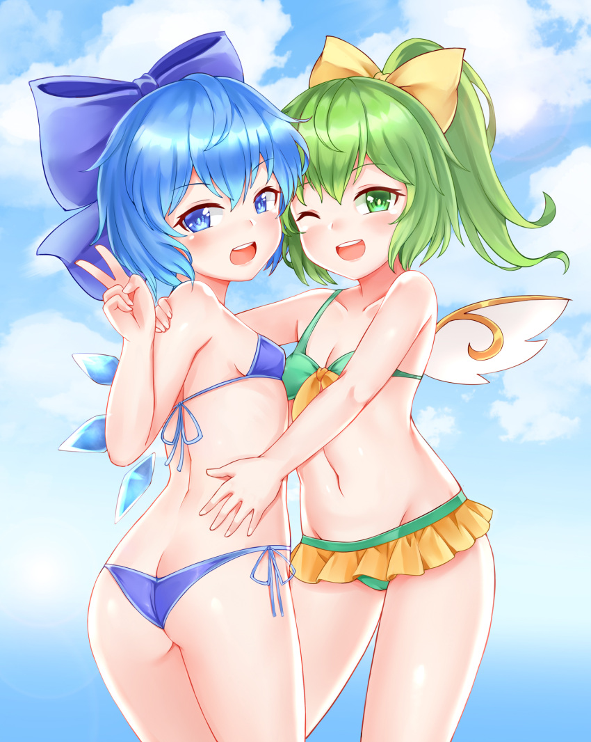 2girls :d ass bangs bare_arms bare_shoulders bikini blue_bikini blue_bow blue_eyes blue_hair blue_sky blush bow breasts bushi_(1622035441) cirno clouds cowboy_shot daiyousei day eyebrows_visible_through_hair fairy_wings from_behind green_bikini groin hair_between_eyes hair_bow hand_up highres looking_back multiple_girls navel open_mouth outdoors ribbon short_hair sky small_breasts smile standing stomach swimsuit thighs touhou v wings yellow_bow yellow_ribbon