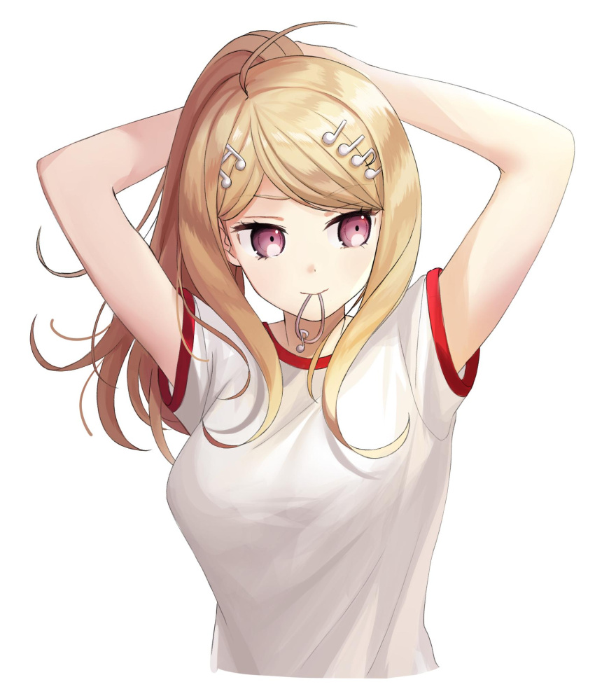 1girl ahoge akamatsu_kaede arms_behind_head bangs blonde_hair breasts dangan_ronpa dot_nose eighth_note eyebrows_visible_through_hair hair_ornament highres in_mouth large_breasts long_hair looking_to_the_side musical_note musical_note_hair_ornament new_dangan_ronpa_v3 ponytail shirt short_sleeves simple_background solo sportswear ssumbi violet_eyes white_background white_shirt