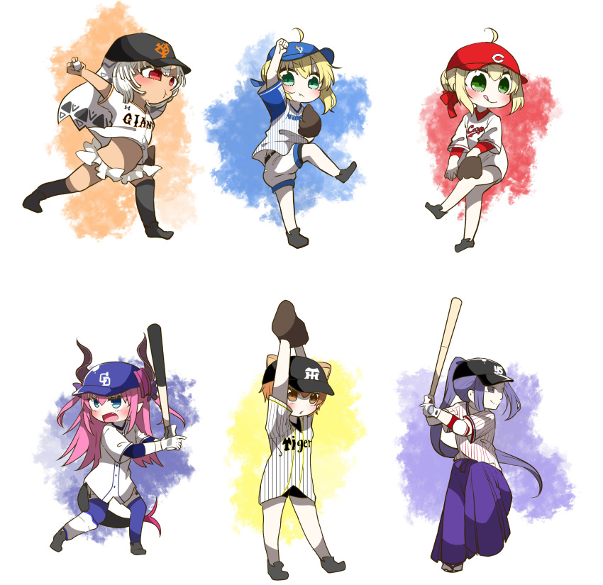 1boy 5girls :d :q :t absurdres ahoge altera_(fate) animal_ears arm_up arms_up artoria_pendragon_(all) assassin_(fate/stay_night) bangs baseball baseball_cap baseball_glove black_footwear black_headwear black_legwear black_shorts blonde_hair blue_eyes blue_headwear blush braid brown_eyes brown_hair chibi closed_mouth commentary_request curled_horns dark_skin dragon_girl dragon_horns dragon_tail dress_shirt elbow_pads elizabeth_bathory_(fate) elizabeth_bathory_(fate)_(all) eyebrows_visible_through_hair fang fate/extra fate/grand_order fate/stay_night fate_(series) fujimura_taiga gloves green_eyes hair_between_eyes hair_bun hair_ribbon hair_through_headwear hakama hat high_ponytail highres holding_baseball_bat horns jako_(jakoo21) japanese_clothes kneehighs long_hair multiple_girls nero_claudius_(fate) nero_claudius_(fate)_(all) open_mouth pantyhose parted_lips pink_hair pleated_skirt ponytail purple_hair purple_hakama purple_headwear purple_legwear purple_ribbon red_eyes red_headwear ribbon saber shirt shoes short_shorts short_sleeves shorts sidelocks skirt smile standing standing_on_one_leg striped striped_shirt tail tongue tongue_out two_side_up v-shaped_eyebrows veil vertical-striped_shirt vertical_stripes very_long_hair violet_eyes white_background white_gloves white_hair white_shirt white_shorts white_skirt wide_sleeves