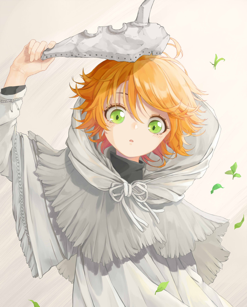 1girl :o ahoge alternate_costume arm_above_head black_shirt contrapposto emma_(yakusoku_no_neverland) expressionless gradient gradient_background green_eyes hair_between_eyes head_tilt high_collar highres holding holding_mask hooded_robe leaf long_sleeves looking_at_viewer mask messy_hair monko_(liangliang) orange_hair pink_background shirt short_hair solo standing upper_body white_robe wide-eyed yakusoku_no_neverland