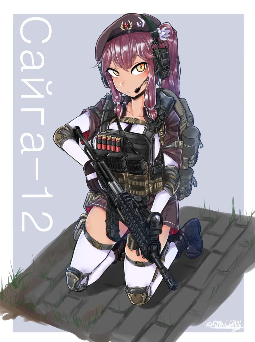 1girl backpack bag beret boots bulletproof_vest character_name cyrillic elbow_pads flower girls_frontline gloves hair_flower hair_ornament hat headset highres knee_pads kongthegrain redhead saiga-12 saiga-12_(girls_frontline) shotgun_shells skirt solo squatting tactical_clothes thigh-highs twintails yellow_eyes