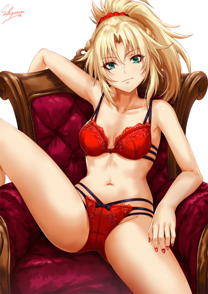 1girl arm_rest bangs blonde_hair bra breasts chair collarbone commentary_request earrings eyebrows_visible_through_hair fate/grand_order fate_(series) green_eyes hair_ornament highres jewelry knee_up long_hair looking_at_viewer mordred_(fate) mordred_(fate)_(all) multi-strapped_bra multi-strapped_panties nail_art nail_polish navel panties parted_bangs ponytail red_bra red_nails red_panties ribbon-trimmed_panties sakiyamama sidelocks signature simple_background skindentation sleeve_cuffs small_breasts solo spread_legs stomach underwear white_background