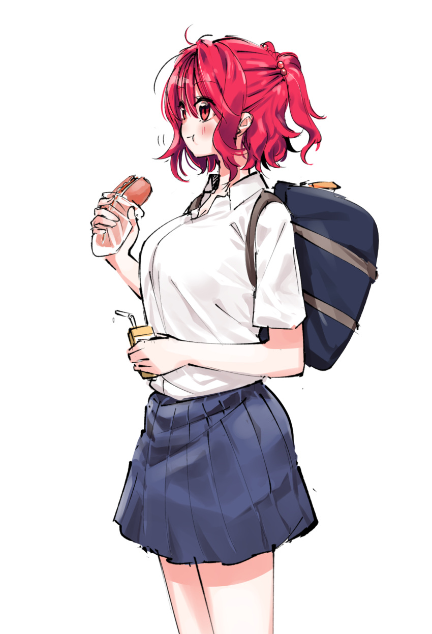 1girl :t alternate_costume backpack bag blue_skirt blush breasts commentary_request contemporary cowboy_shot eating eyebrows_visible_through_hair food hair_between_eyes hair_bobbles hair_ornament highres holding holding_food hot_dog juice_box large_breasts mappe_(778exceed) miniskirt onozuka_komachi pleated_skirt red_eyes redhead school_uniform shirt short_hair short_sleeves simple_background skirt solo standing thighs touhou two_side_up white_background white_shirt wing_collar