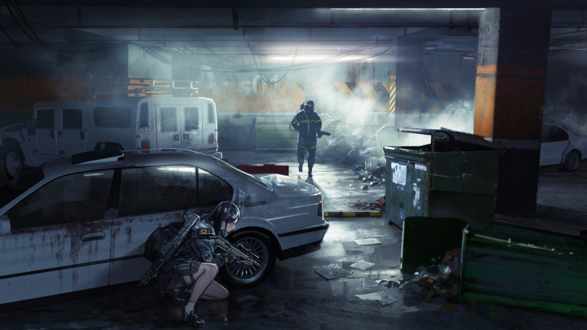 1boy 1girl assault_rifle bare_legs black_hair car commentary dumpster ground_vehicle gun hiding highres holding holding_gun holding_weapon holster holstered_weapon hummer jun_(5455454541) loafers mask motor_vehicle one_knee original rifle scope shoes smoke thigh_holster tom_clancy's_the_division trash weapon