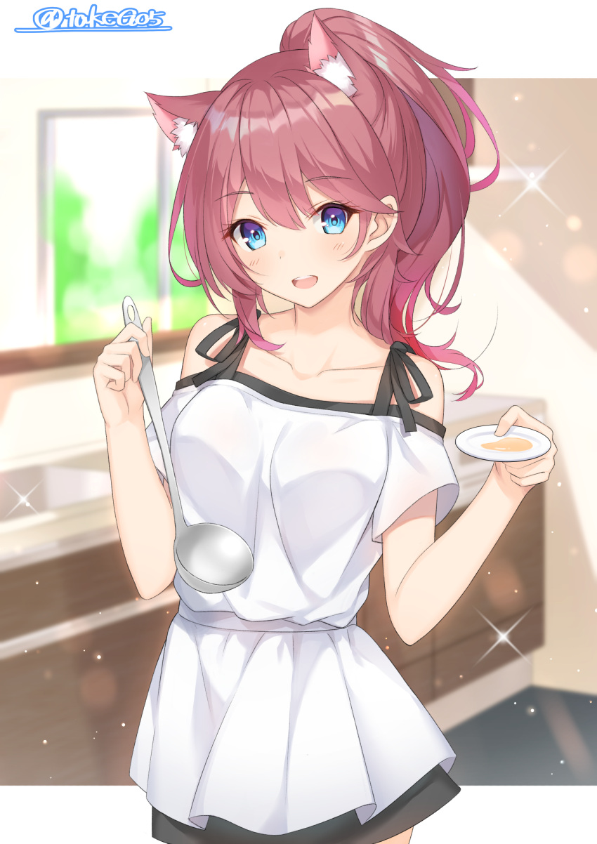 1girl :d animal_ear_fluff animal_ears apron bangs black_skirt blue_eyes blurry blurry_background blush breasts brown_hair collarbone commentary_request depth_of_field eyebrows_visible_through_hair gradient_hair hair_between_eyes head_tilt high_ponytail highres holding indoors ladle long_hair multicolored_hair off-shoulder_shirt off_shoulder open_mouth original pink_hair ponytail round_teeth shirt short_sleeves skirt small_breasts smile solo sparkle takeg05 teeth twitter_username upper_teeth waist_apron white_apron white_shirt