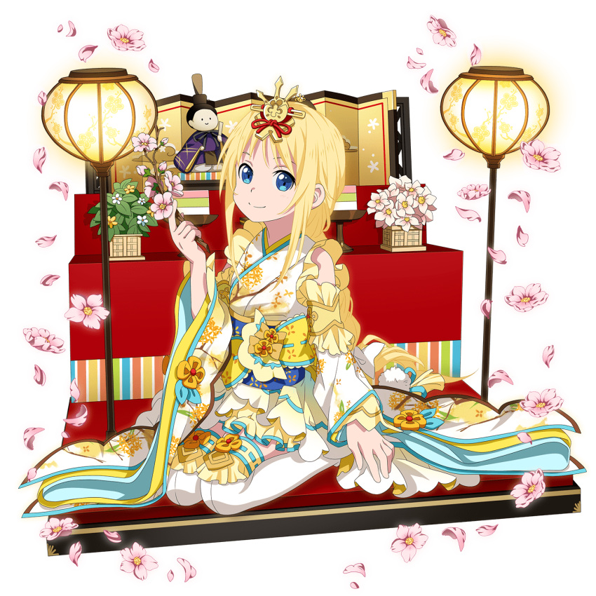 1girl alice_schuberg blonde_hair blue_eyes braid braided_ponytail detached_sleeves floral_print flower full_body hair_ribbon highres hina_ningyou holding japanese_clothes kimono kneeling long_hair long_sleeves looking_at_viewer miniskirt petals pink_flower print_kimono ribbon single_braid skirt sleeveless sleeveless_kimono smile solo sword_art_online thigh-highs transparent_background very_long_hair white_legwear white_sleeves yellow_skirt younger zettai_ryouiki