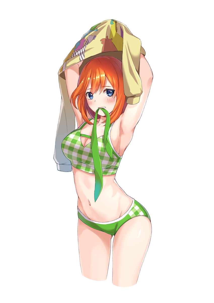 1girl animal_print armpits arms_up bangs blue_eyes blush bra breasts checkered checkered_bra cleavage clenched_teeth da-cart dressing eyebrows_visible_through_hair gluteal_fold go-toubun_no_hanayome green_bra green_panties green_ribbon hair_between_eyes highres large_breasts looking_at_viewer nakano_yotsuba navel orange_hair panties ribbon short_hair simple_background solo standing stomach teeth underwear white_background