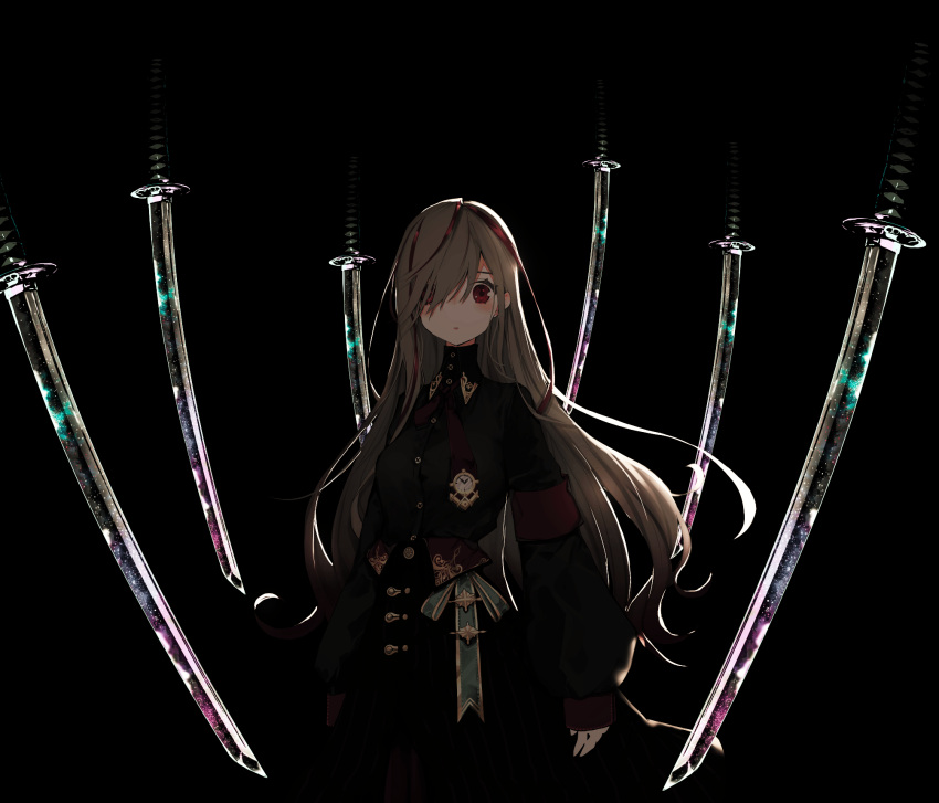 1girl :o backlighting bangs black_background black_shirt black_skirt blush breasts brown_hair brown_neckwear buttons floating_swords hair_over_one_eye highres katana long_hair long_skirt long_sleeves looking_at_viewer medium_breasts multicolored_hair naruwe original parted_lips puffy_sleeves red_eyes redhead shirt shirt_tucked_in sidelocks simple_background skirt sleeves_past_wrists solo streaked_hair sword turtleneck very_long_hair weapon