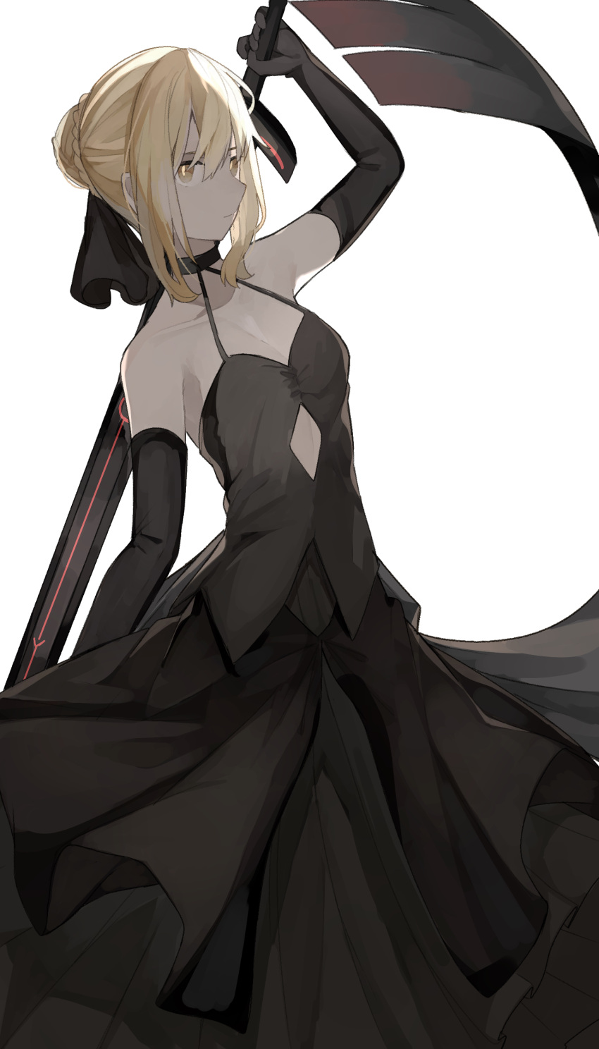 1girl absurdres artoria_pendragon_(all) bangs bare_shoulders black_dress black_ribbon blonde_hair braid breasts closed_mouth commentary_request dark_excalibur dark_persona dress elbow_gloves fate/grand_order fate/stay_night fate_(series) french_braid gloves gothic_lolita hair_between_eyes hair_bun hair_ribbon highres inago_3939 lolita_fashion looking_at_viewer ribbon saber_alter small_breasts sword weapon yellow_eyes