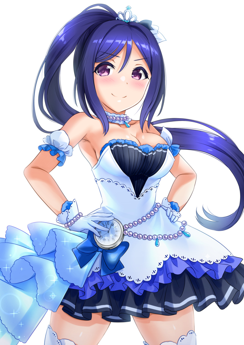 1girl alternate_costume armpits bangs bead_bracelet beads big_breasts blue_bow blue_hair bow bracelet breasts choker cleavage clock cosplay crown detached_sleeves dress eyebrows_visible_through_hair frill_trim frilled_skirt frills gloves half_gloves hand_on_hip high_ponytail highres idolmaster idolmaster_cinderella_girls jewelry kibihimi long_hair looking_at_viewer love_live! love_live!_sunshine!! matsuura_kanan ponytail simple_background skirt solo starry_sky_bright thigh-highs violet_eyes white_background