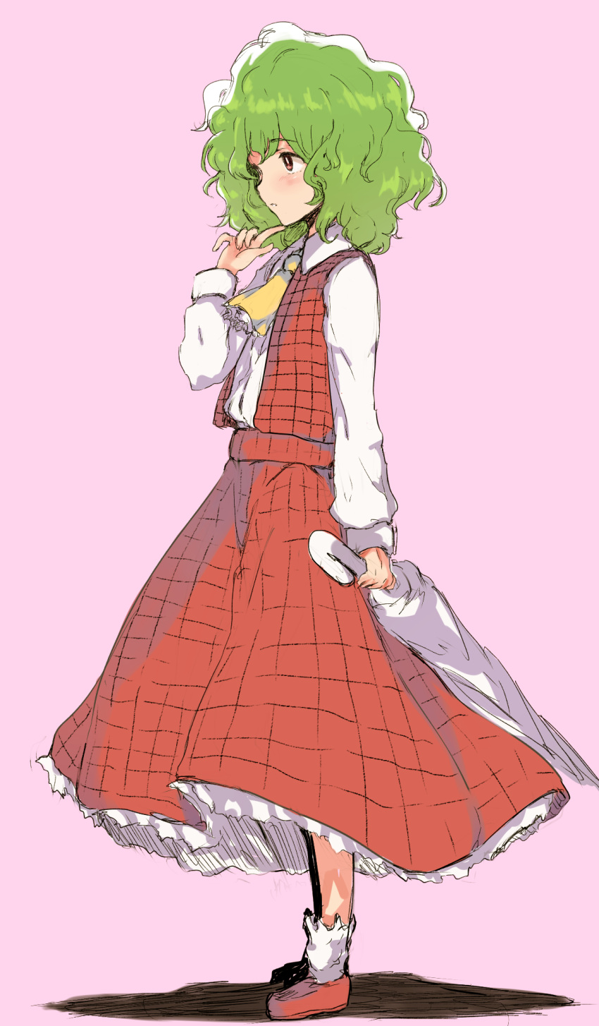 1girl ascot bangs blush bobby_socks closed_umbrella collared_shirt eyebrows_visible_through_hair finger_to_chin flan_(harry_mackenzie) flat_chest from_side full_body green_hair hair_between_eyes highres holding holding_umbrella kazami_yuuka long_skirt long_sleeves looking_afar medium_hair open_clothes open_vest parted_lips pink_background plaid plaid_skirt plaid_vest red_eyes red_footwear red_skirt red_vest shadow shiny shiny_hair shiny_skin shirt simple_background sketch skirt skirt_set socks solo standing thinking touhou umbrella vest wavy_hair white_legwear white_shirt yellow_neckwear younger