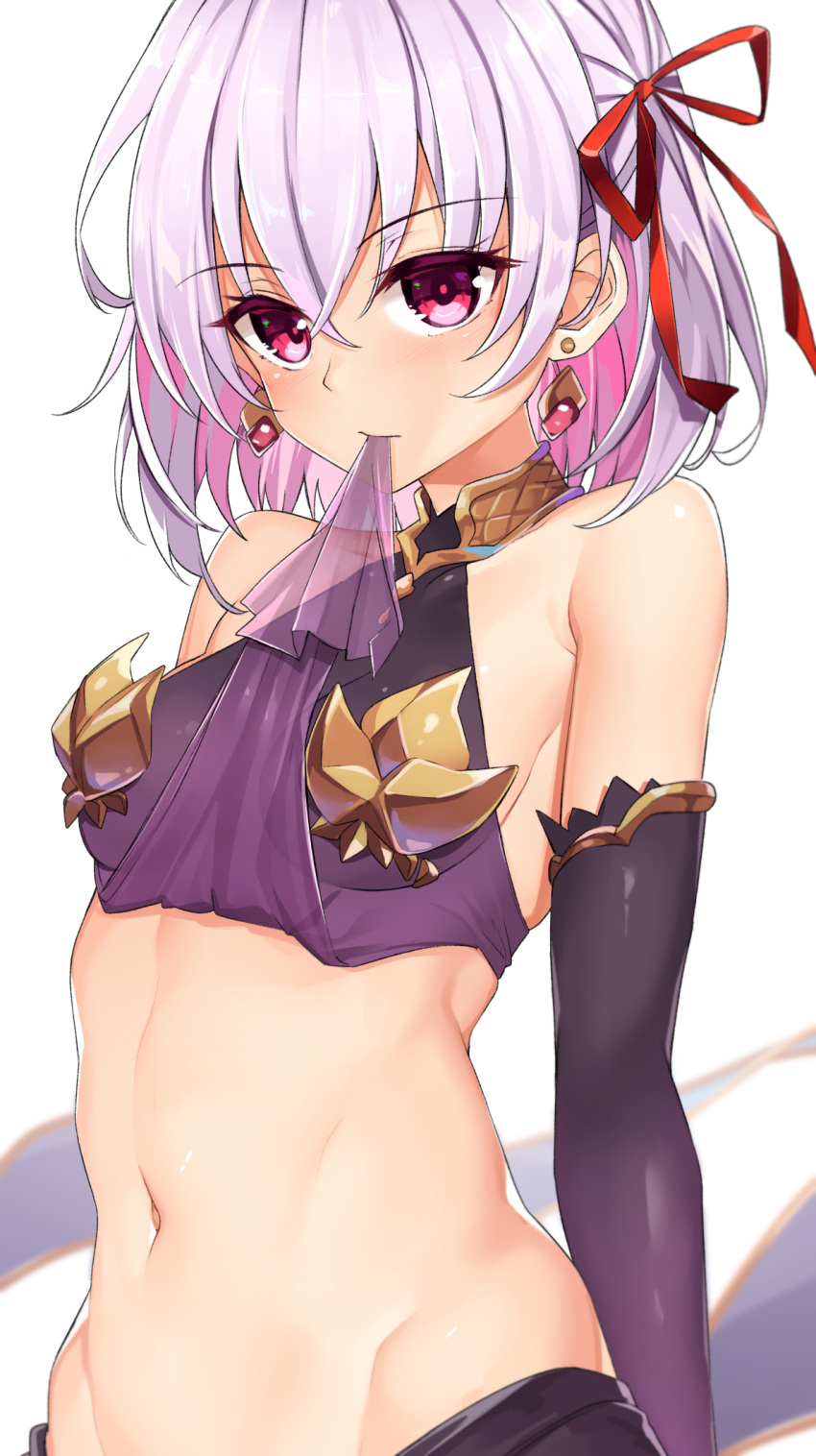 1girl armpit_crease bangs bare_shoulders blush breasts closed_mouth detached_sleeves dress earrings eyebrows_visible_through_hair fate/grand_order fate_(series) hair_between_eyes hair_ribbon highres jewelry kama_(fate/grand_order) looking_at_viewer medium_breasts mouth_hold navel purple_dress purple_sleeves red_eyes red_ribbon ribbon short_hair shuutou_haruka sideboob silver_hair simple_background sleeveless sleeveless_dress solo stomach upper_body white_background