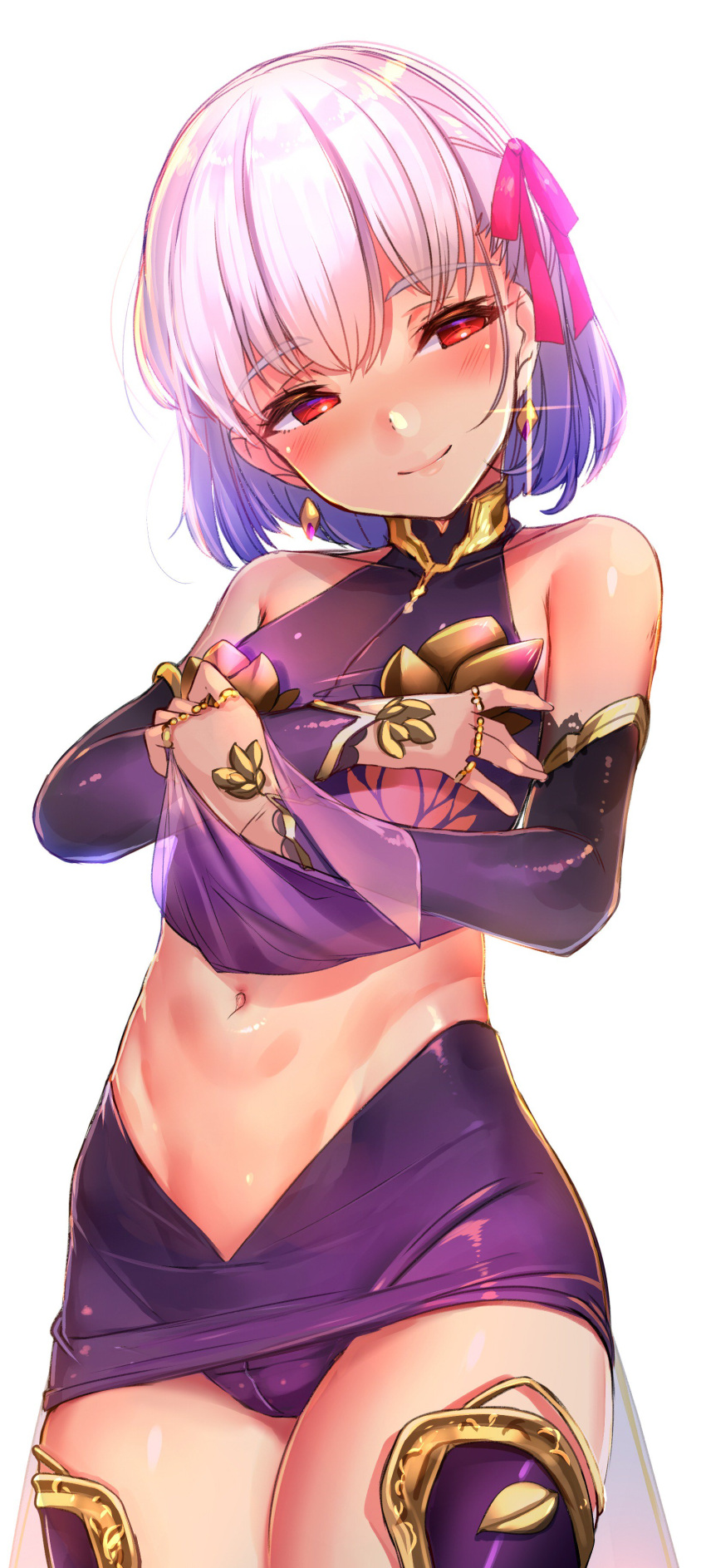 1girl absurdres akasaai bangs bare_shoulders blush breasts closed_mouth clothes_lift collarbone cowboy_shot detached_sleeves earrings eyebrows_visible_through_hair fate/grand_order fate_(series) glint hair_ribbon half-closed_eyes highres jewelry kama_(fate/grand_order) lifted_by_self long_sleeves looking_at_viewer miniskirt navel panties pantyshot pantyshot_(standing) pink_ribbon purple_legwear purple_panties purple_skirt ribbon ring short_hair silver_hair simple_background skirt small_breasts smile solo standing stomach thigh-highs thighs toned underwear white_background