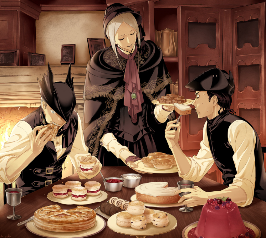 1girl 2boys arizuka_(catacombe) bangs biscuit bloodborne blue_eyes brown_hair butter closed_eyes cookie doll_joints eating eyelashes fire fireplace food framed_image gelatin goblet hat highres hunter_(bloodborne) indoors jam multiple_boys parted_bangs pie plain_doll plate sleeves_rolled_up sponge_cake sweatdrop table teapot teeth vest white_hair