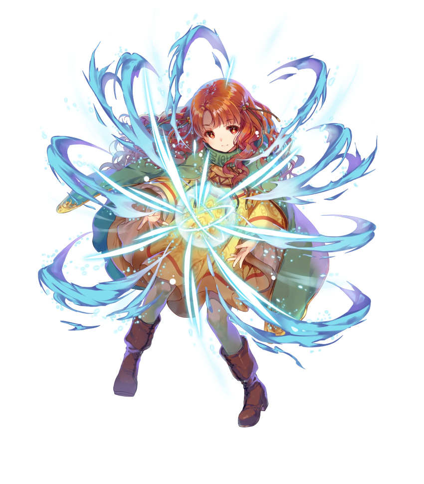 1girl boots bow cape child curly_hair dress fire_emblem fire_emblem:_akatsuki_no_megami fire_emblem_heroes full_body hair_ornament highres long_hair magic miwabe_sakura nintendo official_art orange_hair red_eyes solo sparkle yune