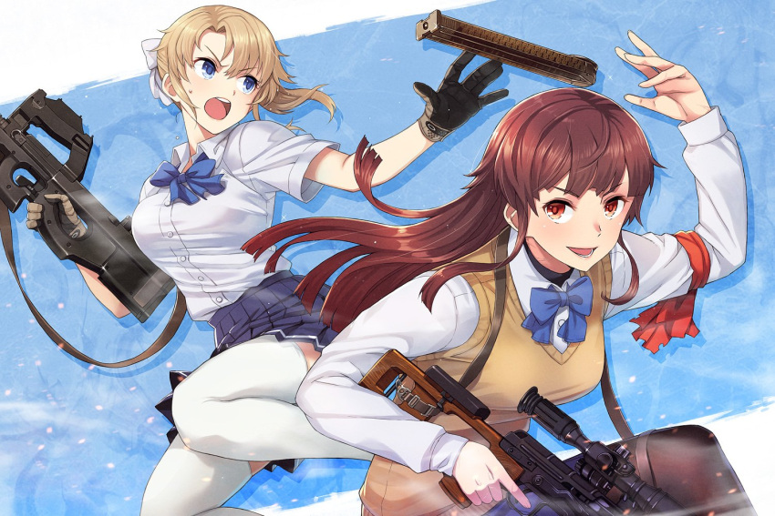 2girls armband bangs black_legwear blonde_girl_(itou) blue_bow blue_eyes blue_skirt blunt_bangs bow breasts brown_eyes brown_hair bullpup catching collared_shirt embers gloves gun hair_bow holding holding_gun holding_weapon itou_(onsoku_tassha) long_hair long_sleeves looking_at_another magazine_(weapon) multiple_girls open_mouth original p90 pleated_skirt ponytail red_armband school_uniform shirt short_sleeves sidelocks skirt smile straight_hair submachine_gun sweater_vest thigh-highs tossing trigger_discipline v-shaped_eyebrows weapon weapon_request white_legwear white_shirt