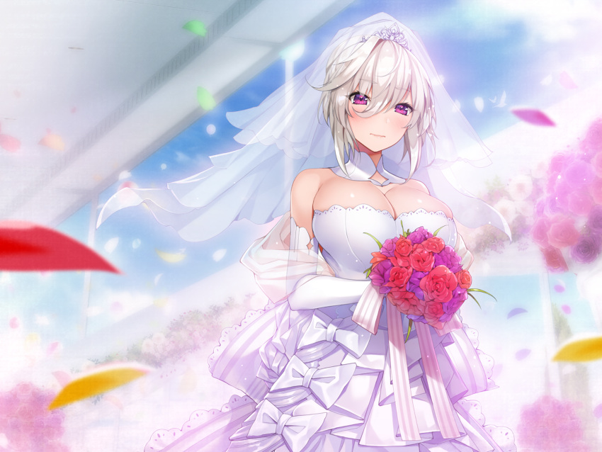 1girl bare_shoulders blurry blush bouquet breasts cleavage closed_mouth depth_of_field detached_collar dress elbow_gloves embarrassed eve_(meikura) eyebrows_visible_through_hair flower game_cg gloves hair_between_eyes highres large_breasts looking_at_viewer maid-san_no_iru_kurashi outdoors petals short_hair solo tiara veil violet_eyes wavy_mouth wedding_dress white_dress white_gloves white_hair yaman