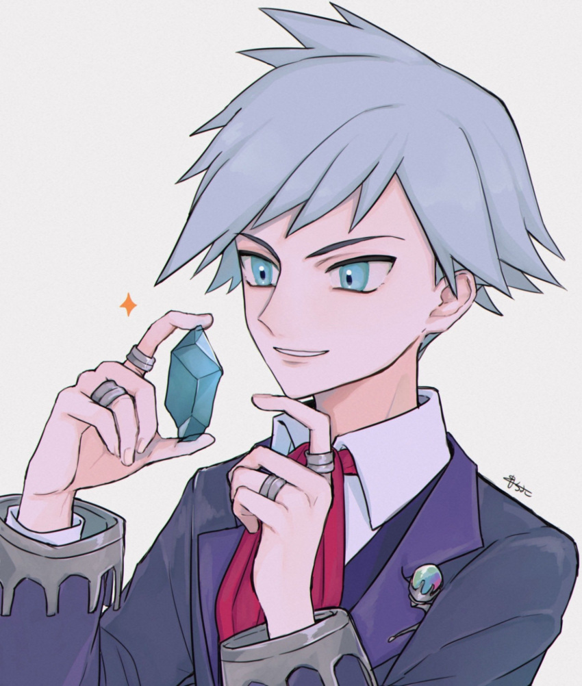 1boy aqua_eyes bangs collared_shirt commentary_request crystal grey_hair hands_up highres holding jacket long_sleeves male_focus necktie omochi_kuenai parted_lips pokemon pokemon_(game) pokemon_oras red_necktie shirt short_hair signature smile solo spiky_hair steven_stone upper_body white_shirt