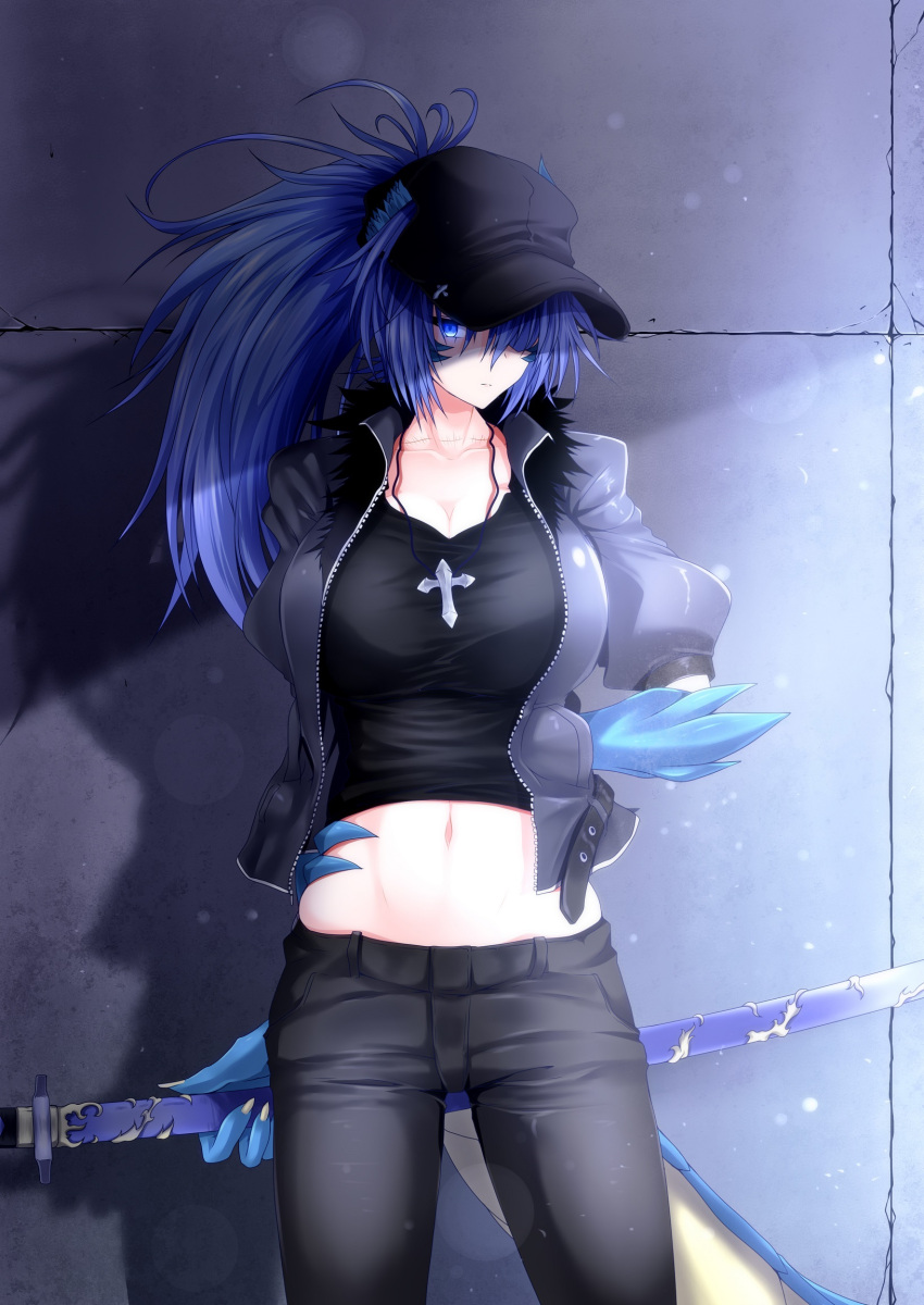 1girl annes_(g) baseball_cap black_jacket black_pants black_shirt blue_eyes blue_hair breasts collarbone dragon_girl dragon_tail eyepatch g_(desukingu) glowing glowing_eye hand_in_pocket hat high_ponytail highres holding holding_sword holding_weapon jacket jewelry katana large_breasts long_hair looking_at_viewer midriff navel necklace open_clothes open_jacket original pants ponytail puffy_sleeves scar sheath sheathed shirt solo standing sword t-shirt tail weapon