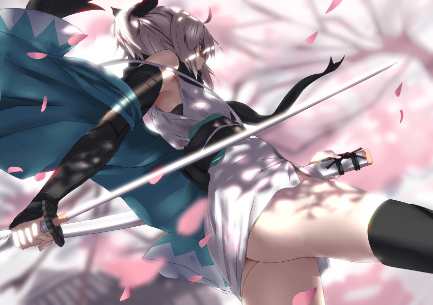 1girl ahoge arm_guards black_legwear black_scarf blonde_hair blurry blurry_background bow cherry_blossoms fate/grand_order fate_(series) hair_bow half_updo haori highres holding holding_sword holding_weapon japanese_clothes katana kimono koha-ace looking_at_viewer obi okita_souji_(fate) okita_souji_(fate)_(all) sash scarf shinsengumi short_hair short_kimono sleeveless sleeveless_kimono solo sword thigh-highs tsuuhan weapon white_kimono yellow_eyes