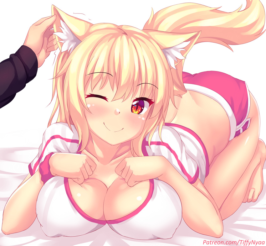 1girl all_fours animal_ear_fluff animal_ears ass barefoot blonde_hair blush breasts cat_ears cat_tail cleavage collarbone commentary dimples_of_venus english_commentary eyebrows_visible_through_hair fast-runner-2024 highres large_breasts long_hair looking_at_viewer one_eye_closed original patreon_username red_eyes shorts simple_background slit_pupils smile solo_focus tail tiffy watermark web_address