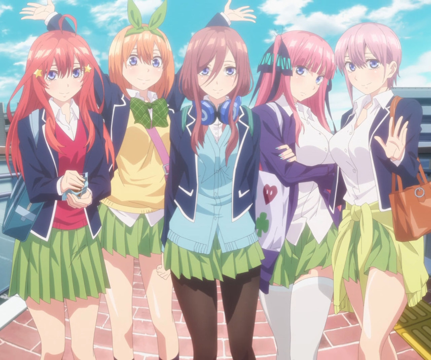 5girls go-toubun_no_hanayome multiple_girls nakano_ichika nakano_itsuki nakano_miku nakano_nino nakano_yotsuba quintuplets school_uniform screencap stitched thigh-highs third-party_edit