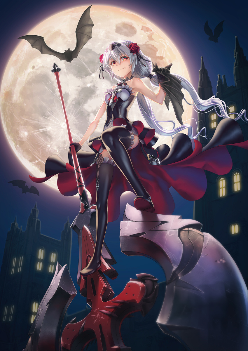 1girl bangs bare_shoulders bat black_dress black_gloves black_legwear breasts castle dress fang_out flamenco_dress floating_hair flower full_moon garter_straps gloves gotointhepark hair_flower hair_ornament hand_up highres holding holding_weapon honkai_(series) honkai_impact_3 long_hair looking_at_viewer low_twintails moon night outdoors red_eyes red_flower silver_hair sleeveless sleeveless_dress small_breasts solo theresa_apocalypse theresa_apocalypse_(luna_kindred) thigh-highs twintails weapon