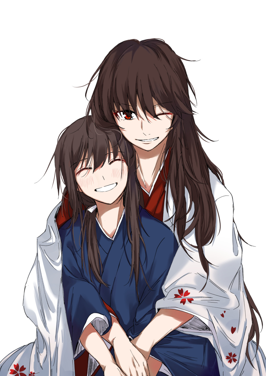 1boy 1girl absurdres bangs black_hair brother_and_sister commentary_request fate/grand_order fate_(series) grin haori highres hug hug_from_behind japanese_clothes kimono long_hair oda_nobukatsu_(fate/grand_order) oda_nobunaga_(fate) one_eye_closed red_eyes siblings smile white_background
