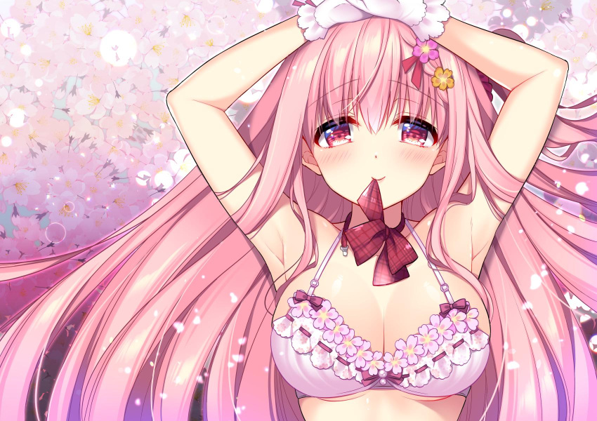1girl armpits arms_up bangs blush bow bowtie bra breasts cherry_blossoms cleavage day eyebrows_visible_through_hair floating_hair gloves hair_ornament hair_scrunchie hairclip highres large_breasts long_hair looking_at_viewer loose_neckwear miharu_(ringo_sui) one_side_up original outdoors petals pink_bra pink_hair pink_scrunchie red_neckwear ringo_sui scrunchie sidelocks solo underwear upper_body very_long_hair white_gloves