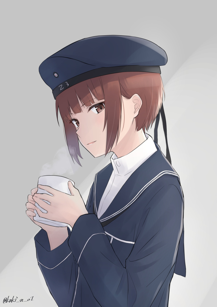 1girl absurdres blue_dress blue_headwear brown_eyes brown_hair clothes_writing cup dress grey_background hat highres kantai_collection looking_at_viewer mug piroshiki_(aoraro) sailor_collar sailor_dress sailor_hat short_hair sidelocks solo steam twitter_username upper_body z3_max_schultz_(kantai_collection)