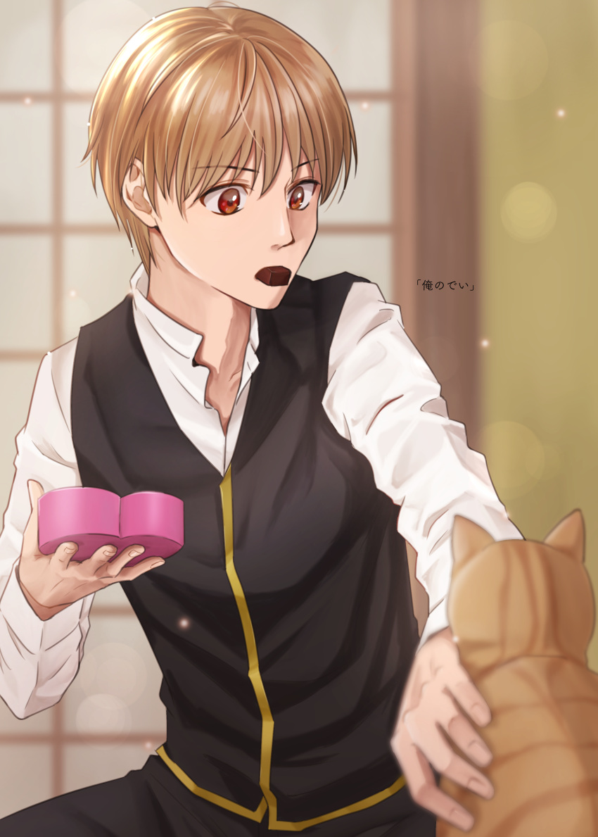 1boy absurdres black_pants blurry_foreground box brown_hair cat collared_shirt dress_shirt eyebrows_visible_through_hair gintama hair_between_eyes heart-shaped_box highres holding holding_box indoors kuroneko_w1nter male_focus mouth_hold okita_sougo pants red_eyes shirt solo white_shirt wing_collar