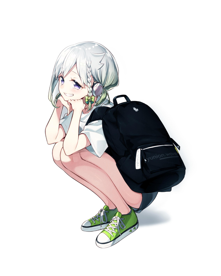 1girl absurdres backpack backpack_removed bag blush bow braid chin_hold eyebrows_visible_through_hair hair_bow headphones highres lips looking_at_viewer multicolored_hair sakuragi_ren shirt shoes short_hair short_sleeves shorts silver_hair simple_background smile solo squatting t-shirt teeth violet_eyes virtual_youtuber white_background yuni_(yuni_channel) yuni_channel