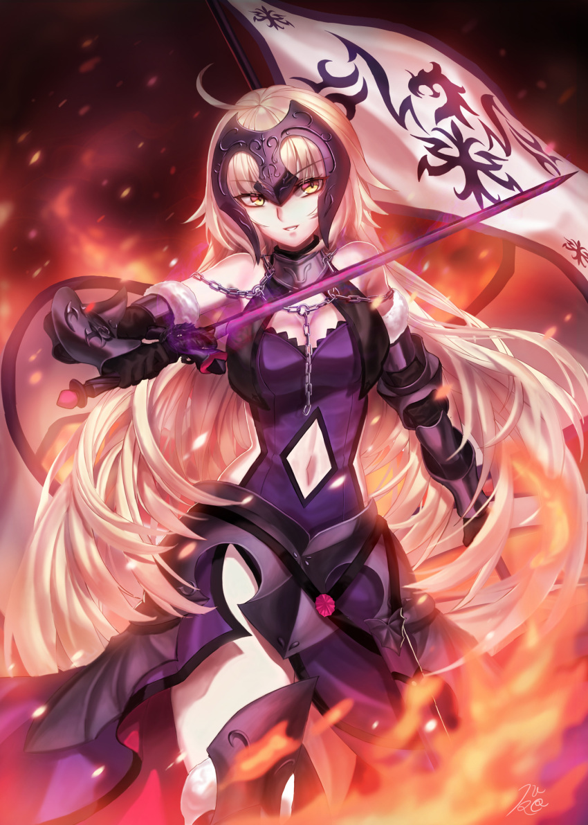1girl ahoge armor armored_boots armored_dress banner blonde_hair boots breasts chains cleavage dress eyebrows_visible_through_hair fate/grand_order fate_(series) faulds floating_hair fur-trimmed_legwear fur_trim headphones highres holding holding_sword holding_weapon jeanne_d'arc_(alter)_(fate) jeanne_d'arc_(fate)_(all) kuro_(ning2763) long_hair looking_at_viewer medium_breasts midriff navel navel_cutout parted_lips pixiv_fate/grand_order_contest_2 purple_dress solo standing stomach sword thigh-highs very_long_hair weapon yellow_eyes