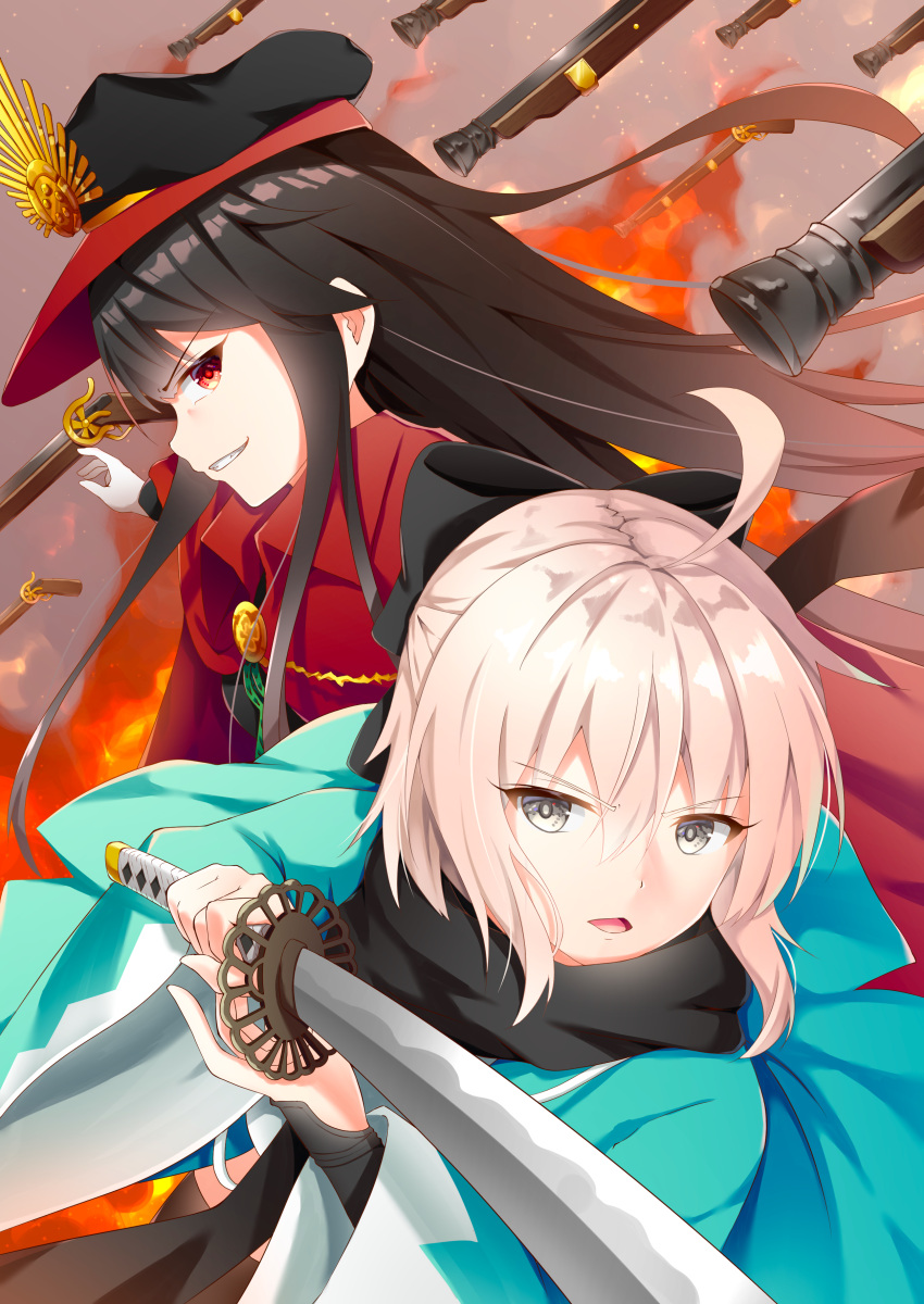 2girls absurdres ahoge antique_firearm arm_up arquebus black_hair black_headwear black_scarf commentary_request eyebrows_visible_through_hair fate/grand_order fate_(series) fire firearm foreshortening from_side gloves grey_background grey_eyes gun hair_between_eyes highres holding holding_sword holding_weapon japanese_clothes katana kimono koha-ace long_hair looking_at_viewer military military_uniform multiple_girls oda_nobunaga_(fate) okita_souji_(fate) okita_souji_(fate)_(all) open_mouth pink_hair red_eyes scarf shiny shiny_hair short_hair sideways_glance sideways_mouth smoke sneer sword teeth uniform upper_body very_long_hair weapon white_gloves yashima_roi