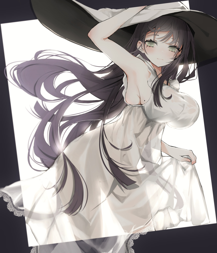 1girl arm_up armpits bare_arms bare_shoulders black_hair blush breasts closed_mouth dress floating_hair green_eyes hat highres large_breasts long_hair looking_at_viewer mole mole_on_breast mole_under_eye naruwe original outside_border see-through sleeveless sleeveless_dress solo standing sun_hat very_long_hair white_dress white_headwear