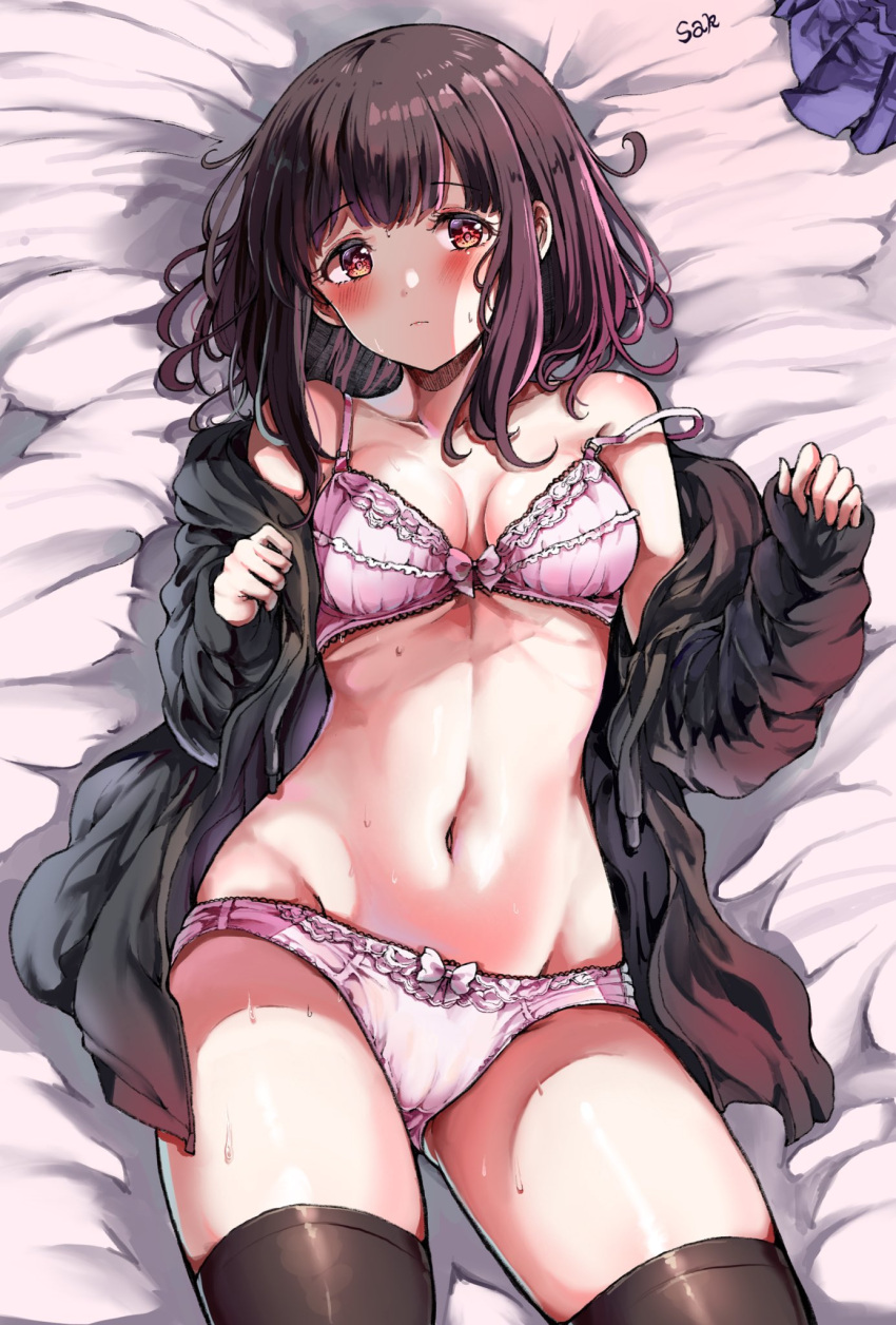 1girl bangs bed_sheet blush borrowed_character bra breasts brown_eyes brown_hair brown_legwear closed_mouth eyebrows_visible_through_hair groin hands_up highres hood hooded_jacket jacket line_(naver) long_sleeves looking_at_viewer medium_breasts medium_hair menhera navel off_shoulder original panties pink_bra pink_panties ribbon-trimmed_bra ribbon-trimmed_panties sak_(lemondisk) shirt sidelocks signature skirt skirt_removed sleeves_past_wrists solo stomach strap_slip sweat thigh-highs underwear