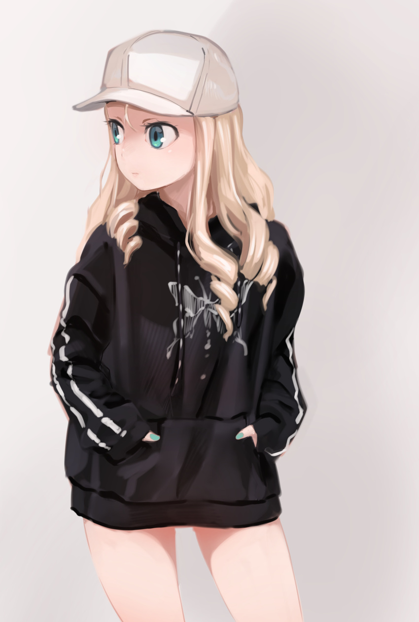 1girl absurdres aomushi_(mushamusha) baseball_cap black_shirt blonde_hair casual closed_mouth commentary cowboy_shot double_vertical_stripe drawstring drill_hair girls_und_panzer green_eyes green_nails grey_background hands_in_pockets hat highres hood hoodie light_frown lips long_hair long_sleeves looking_to_the_side marie_(girls_und_panzer) nail_polish print_shirt shirt solo standing white_headwear