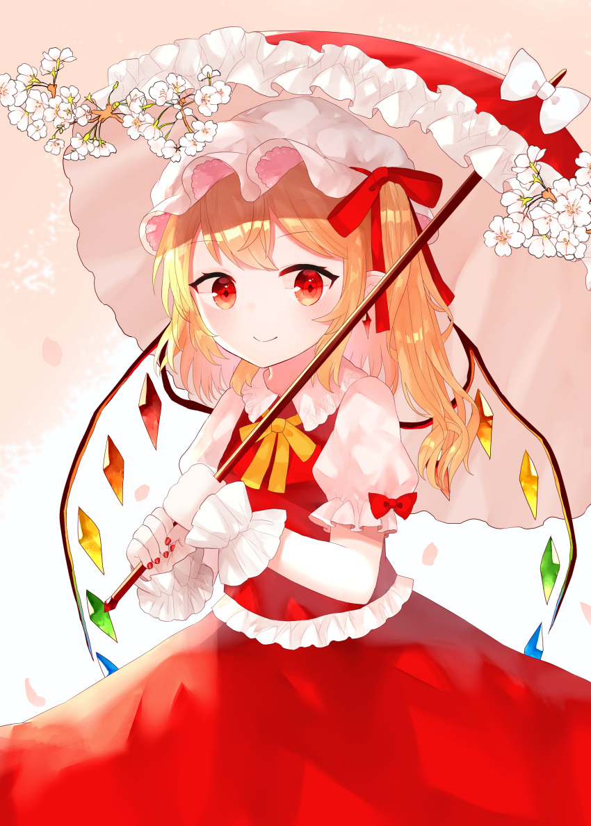 1girl absurdres arms_up bangs blonde_hair cherry_blossoms commentary_request cowboy_shot crystal eyebrows_visible_through_hair flandre_scarlet gradient gradient_background hair_ribbon hat highres holding holding_umbrella looking_at_viewer mob_cap nail_polish pink_background puffy_short_sleeves puffy_sleeves red_eyes red_nails red_ribbon red_skirt red_vest ribbon sakipsakip shirt short_hair short_sleeves side_ponytail skirt smile solo standing swept_bangs touhou twig umbrella vest white_headwear white_shirt wings wrist_cuffs yellow_neckwear yellow_ribbon